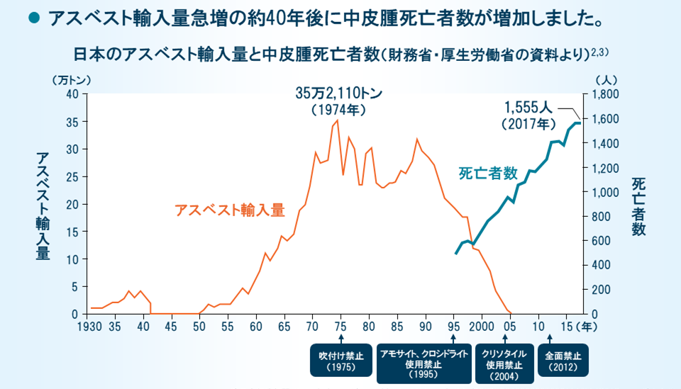 日本のアスベスト輸入量と中皮腫死亡者数（財務省・厚生労働省の資料より）