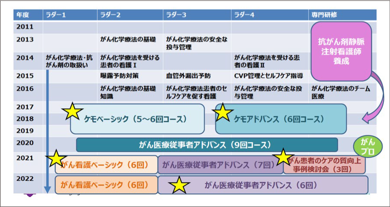図1 看護部ラダー研修、がん看護教育を経て、がん医療従事者研修へ
